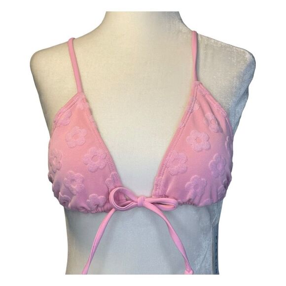 PacSun Pink Daisy Terry Bondi Eco Triangle Bikini Top Swimsuit S - Picture 1 of 7